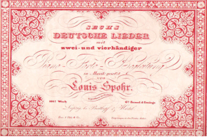Ein altes deutsches Aktienzertifikat mit rotem Rand und weißem Hintergrund, das den Text 'Louis Spohr - Zweites Deutsches Lieder' trägt.