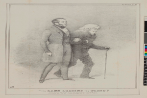 Zwei Männer stehen nebeneinander auf einem Blatt mit Text, einer hält einen Stock, mit Farbskalen auf der rechten Seite, Text lautet "Der Weg der Blinden".