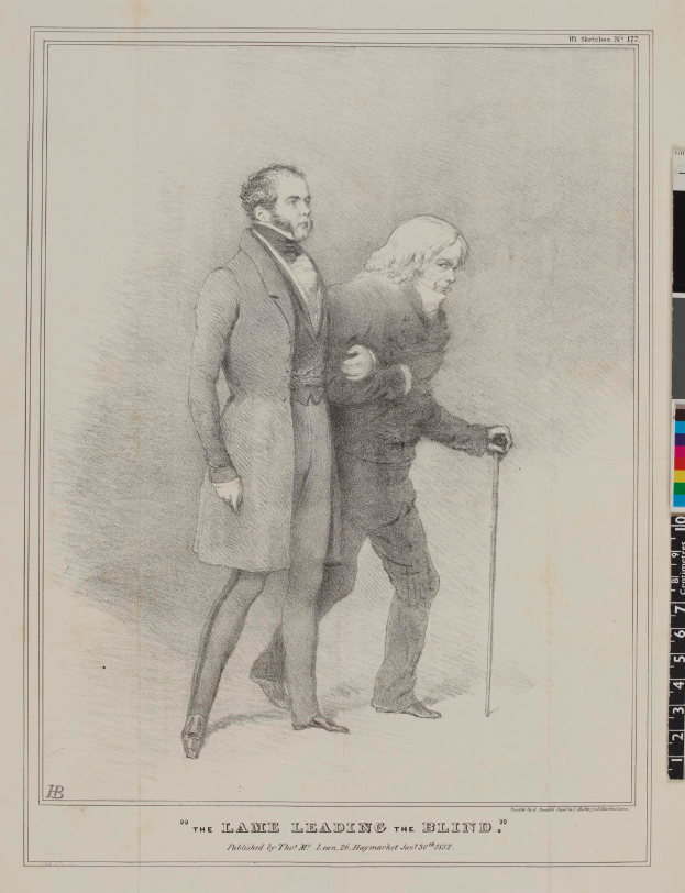 Zwei Männer stehen nebeneinander auf einem Blatt mit Text, einer hält einen Stock, mit Farbskalen auf der rechten Seite, Text lautet "Der Weg der Blinden".