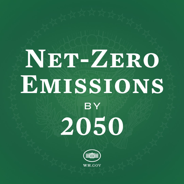Weißer fetter Text auf einem grünen Hintergrund mit der Aufschrift "Netto-Null-Emissionen bis 2050".