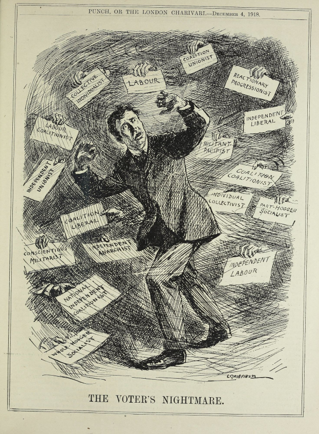 Ein Blatt mit einer Zeichnung eines Mannes im Anzug, der ein Schild hält, auf dem "Der Albtraum des Wählers" steht, mit einem entschlossenen Gesichtsausdruck.