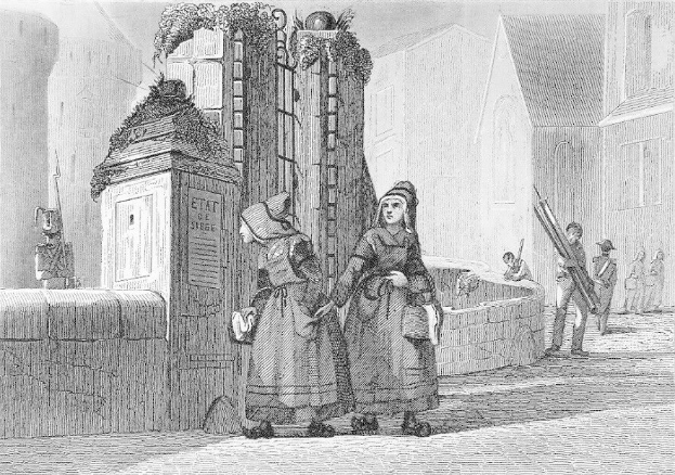 Schwarz-Weiß-Gravur Von Zwei Frauen, Die Vor Einem Gebäude Stehen, Mit mehreren Personen Im Hintergrund, Betitelt Mit "Victorianische Frauen In Der Stadt London."