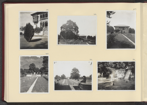 Offenes Buch mit einer Collage aus Schwarz-Weiß-Fotos von Bäumen in der Mitte, umgeben von Gebäuden und einem Brunnen.