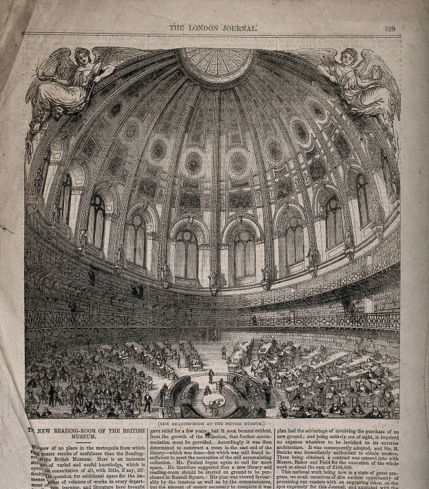 Eine alte Buchseite zeigt das Innere eines Konzertsaals mit Menschen, Skulpturen und Text.