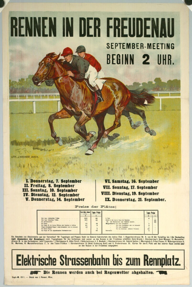 Plakat für ein Pferderennen in Deutschland, das zwei Reiter auf Pferden im Vordergrund mit Bäumen im Hintergrund und Text mit Renninformationen zeigt.