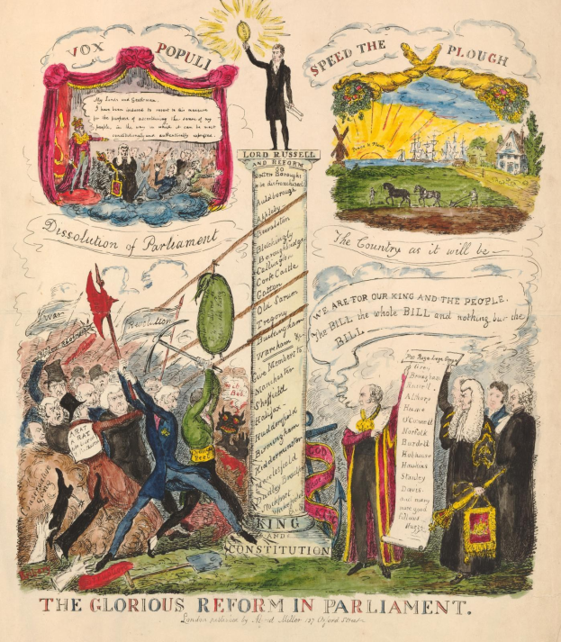 Ein buntes illustriertes Dokument mit der Überschrift "Die glorreichen Reform im Parlament", das mutige Texte und verschiedene, strahlende Menschen zeigt und Fortschritt und Hoffnung symbolisiert.