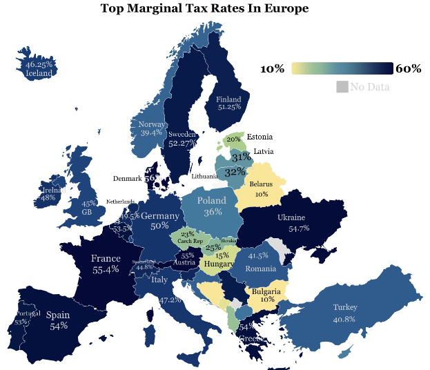 Eine Europakarte mit Farben, die die höchsten Steuersätze in jedem Land anzeigen, mit der Überschrift "Höchste Steuersätze in Europa."