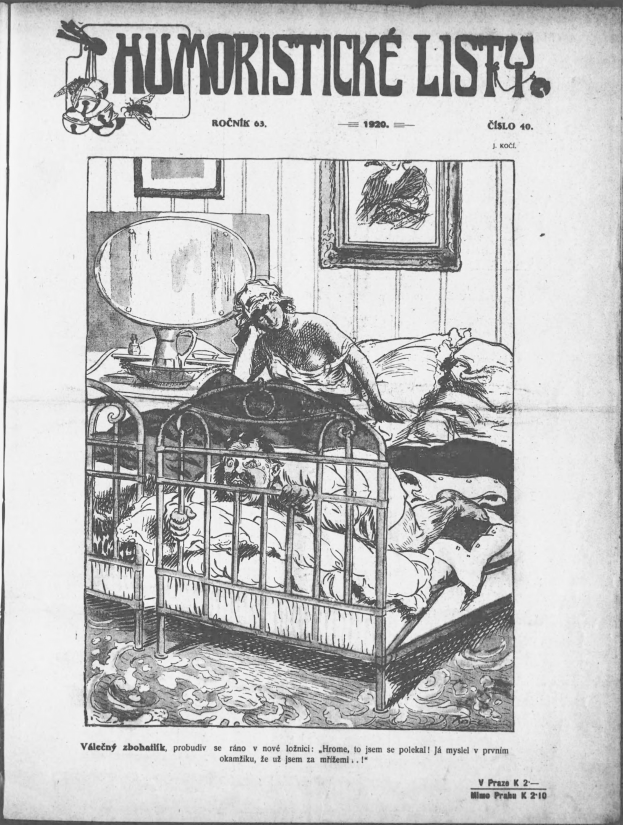 Schwarzes und weißes Bild eines Menschen, der auf einem Bett liegt, mit einem Spiegel auf einem Nachttisch und einem Rahmen an der Wand, begleitet von Text, der "humoristicke list - czechoslovakia - april 20, 1920" an der Ober- und Unterseite liest.