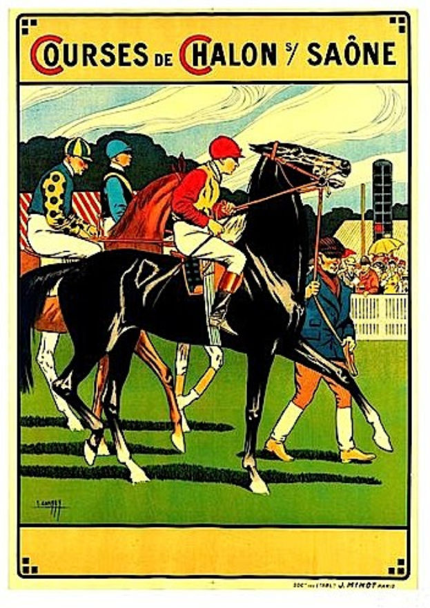 Plakat, das ein Pferderennen mit Jockeys auf Pferden zeigt, umgeben von Zuschauern hinter einem Zaun, mit Bäumen und einem bewölkten Himmel im Hintergrund und Text, der die Rennstrecken beschreibt.