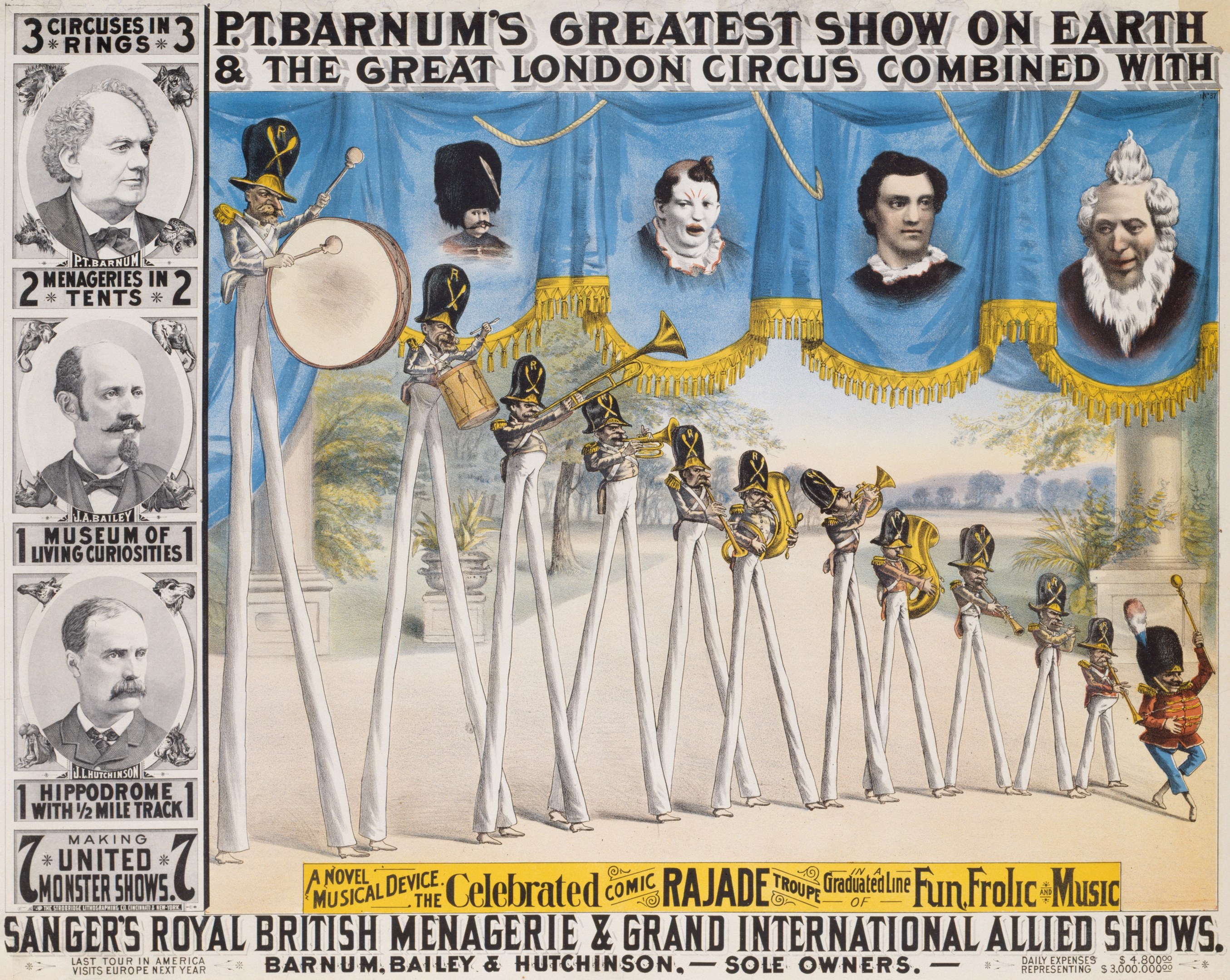 Plakat für den Großen Londoner Zirkus mit Abbildungen von Künstlern, die Instrumente spielen und vor einer gemalten Kulisse von Bäumen und Himmel stehen, begleitet von Text.