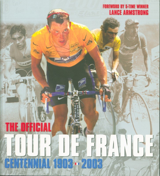 Offizielles Tour de France-Jubiläumsplakat (1903-2003) mit einer Gruppe von Radfahrern und Textdetails über das Ereignis.
