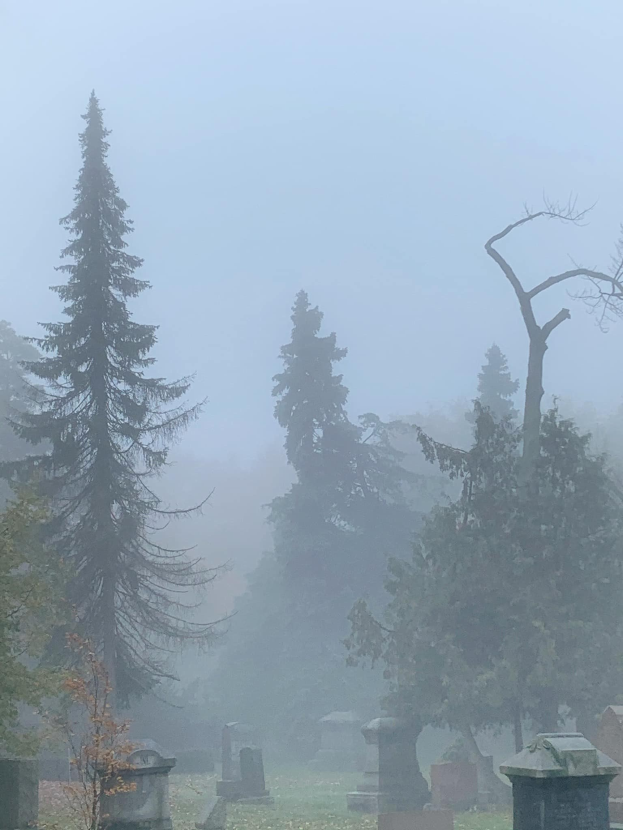 Ein nebliger Friedhof mit verstreuten Grabsteinen und Bäumen im Hintergrund unter einem trüben grauen Himmel.