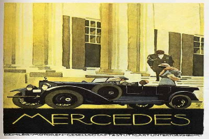 Vintage Mercedes-Benz-Plakat aus den 1920er Jahren, das ein klassisches Auto mit zwei Insassen zeigt, das vor einem modernen Gl├Ąserbau geparkt ist, mit auff├Ąlliger 'Mercedes-Benz'-Text am unteren Rand.