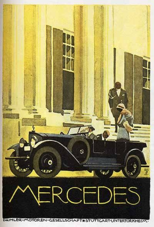Vintage Mercedes-Benz-Plakat aus den 1920er Jahren, das ein klassisches Auto mit zwei Insassen zeigt, das vor einem modernen Gl├Ąserbau geparkt ist, mit auff├Ąlliger 'Mercedes-Benz'-Text am unteren Rand.