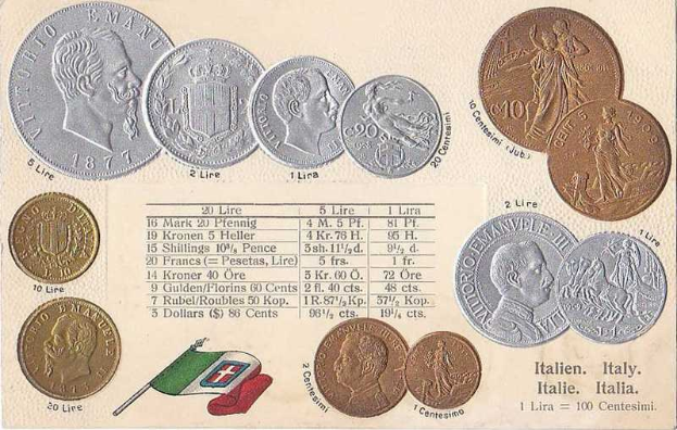 Ein Blatt Papier mit einer Reihe italienischer Münzen von 1877 bis 1910, darunter mehrere 20-Lire-Münzen, mit Text und Porträts sowie zwei Flaggen unten, darunter die italienische Flagge.