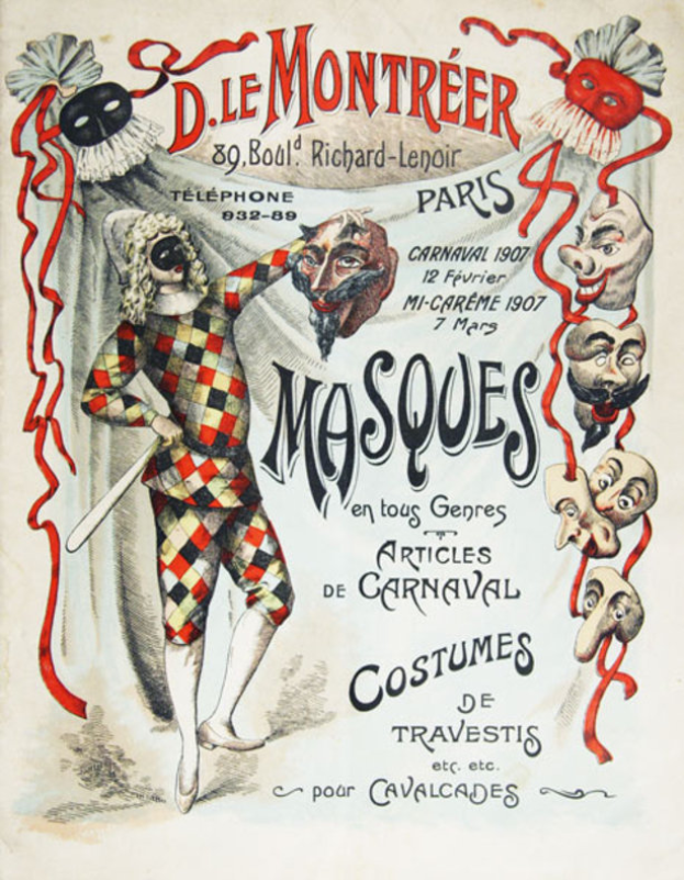 Ein Plakat, das ein Karnevalsfest in Paris, Frankreich, ankündigt und eine Person in Kostüm zeigt, die einen Stock hält und von Text und Maskenbildern umgeben ist.