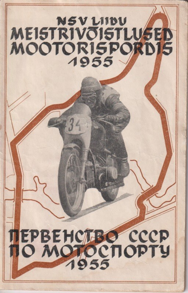 Alte Buchumschlaggestaltung mit einem Mann in einem Rennanzug und Helm, der ein klassisches Motorrad fährt, mit der fetten schwarzen Schrift 'MOTORSPORT'.