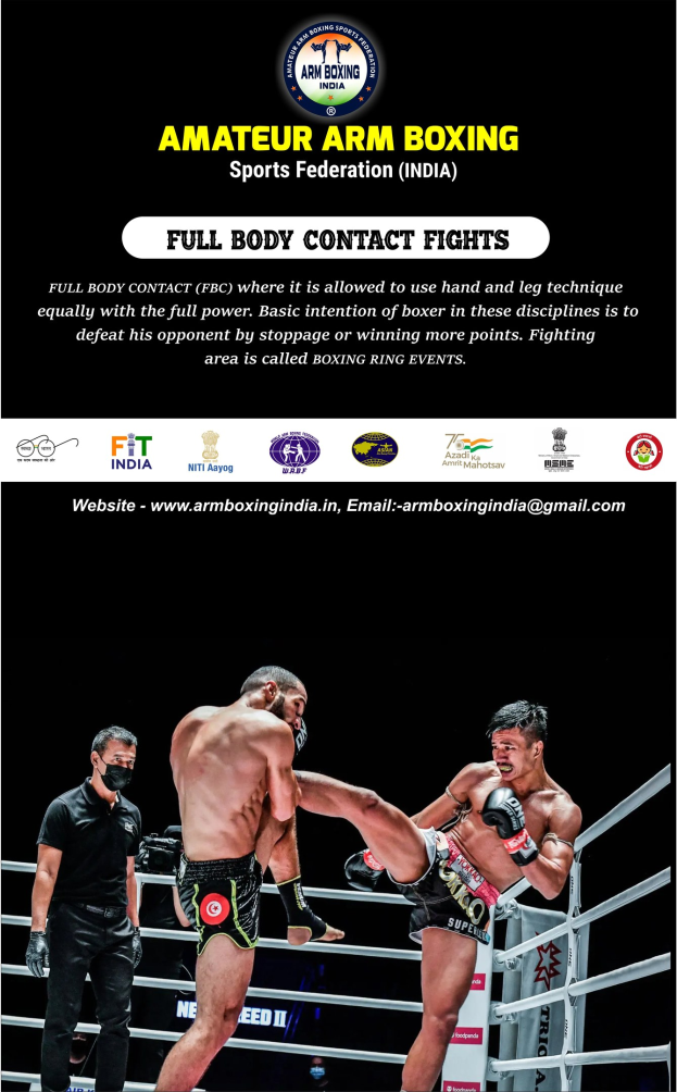 Plakat für Amateur-Arm-Boxen in Indien, das zwei Kämpfer in einem Ring zeigt, einer in schwarzer Kleidung und der andere in einem weißen Hemd und schwarzen Hosen, mit Logos und Text, der Vollkontaktkämpfe bewirbt.