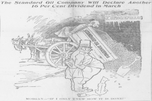 Eine Zeitung mit einer Karikatur eines Mannes, der neben einem von Pferden gezogenen Wagen mit einem Rad in der Mitte steht, und der Text "The Standard Oil Company Will Declare Another 16 Per Cent Dividend in March".