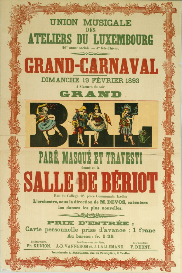 Ein altes Plakat, das ein Pariser Karnevalsfest ankündigt, zeigt eine Gruppe von Menschen in traditioneller Tracht vor einem hellgelben Hintergrund mit der Aufschrift "Großer Karneval" oben.