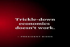 Plakat mit fetter schwarzer Schrift "Trickle-Down Economics Works Not" auf weißem Hintergrund, umrahmt von einem schmalen schwarzen Rand, neben einem Zitat von Präsident Biden.