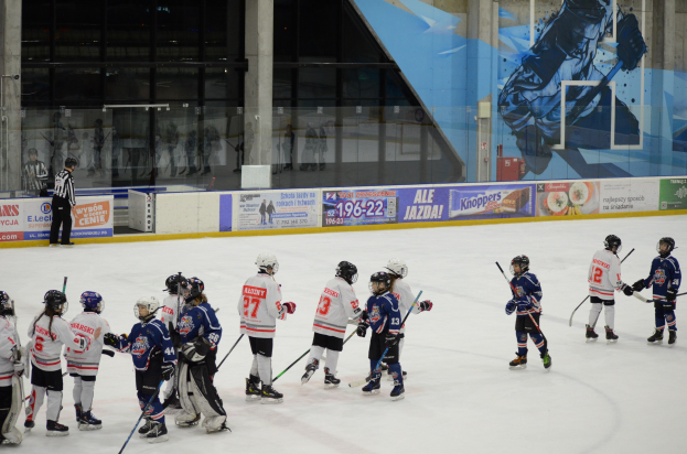 Gruppe junger Menschen, die Eis Hockey auf einer Indoor-Eisbahn spielen, mit Helmen und Hockey-Schlägern, einer Person links stehend und Bannern, Säulen und Glaswänden im Hintergrund.
