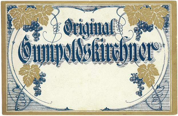 Altes deutsches Wein-Etikett mit einer Illustration von Trauben und Blättern, das den Wein-Typ anzeigt.