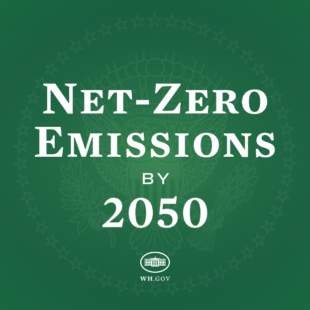 Ein grüner Hintergrund mit der fettgedruckten weißen Schrift "net-zero Emissionen bis 2050".