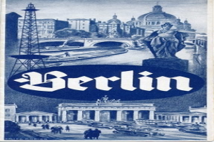 Plakat, das Berlin, Deutschland bewirbt und eine Statue, Gebäude, einen Turm, Menschen, Fahrzeuge auf der Straße und eine Brücke zeigt, mit Text, der Stadtinformationen enthält.