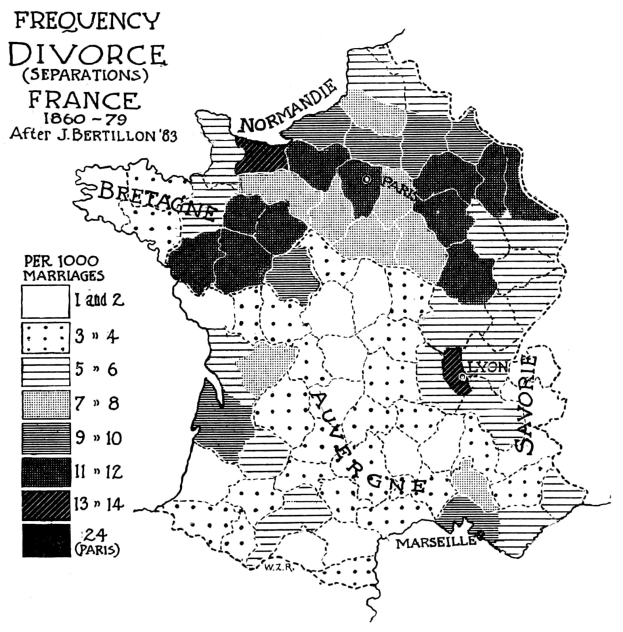 Schwarz-weiß-Karte von Frankreich mit Text und Zahlen, die die Scheidungsfrequenz in jeder Region angeben.