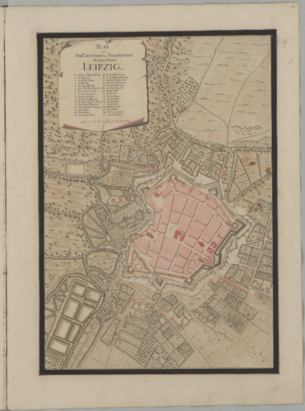 Ein detaillierter Stadtplan von Leipzig, Deutschland, aus einem alten Buch, der Straßen, Gebäude und Sehenswürdigkeiten auf altem Papier zeigt.