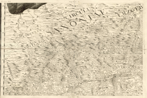 Ein detailliertes altes Kartenmaterial von Sachsen, Deutschland, das geografische Merkmale wie Flüsse, Berge und Städte zeigt, mit begleitendem Text, der regionale Informationen bereitstellt.