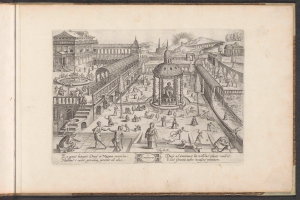 Ein aufgeschlagenes Buch mit einer Stadtansicht-Illustration, die Gebäude, Menschen, einen Brunnen und Text zeigt.