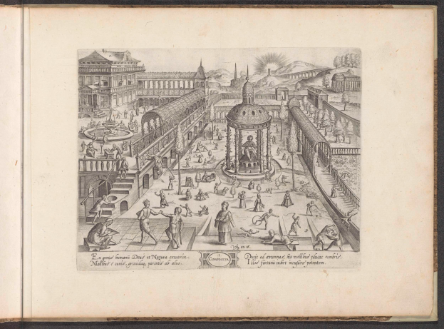 Ein aufgeschlagenes Buch mit einer Stadtansicht-Illustration, die Gebäude, Menschen, einen Brunnen und Text zeigt.