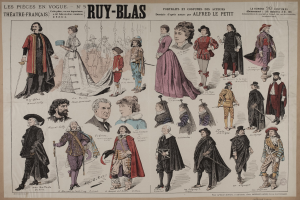 Leuchtend bunte und detaillierte Kostümentwürfe vom Ruy-Blas Theater auf einem Blatt Papier mit strahlenden Teilnehmern in festlicher Kleidung.