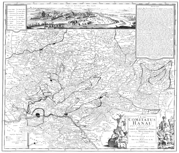 Schwarzes und weißes Plakat mit Straßenkarte von Comitius Hanau mit detaillierten Gebäuden und Personenbildern.