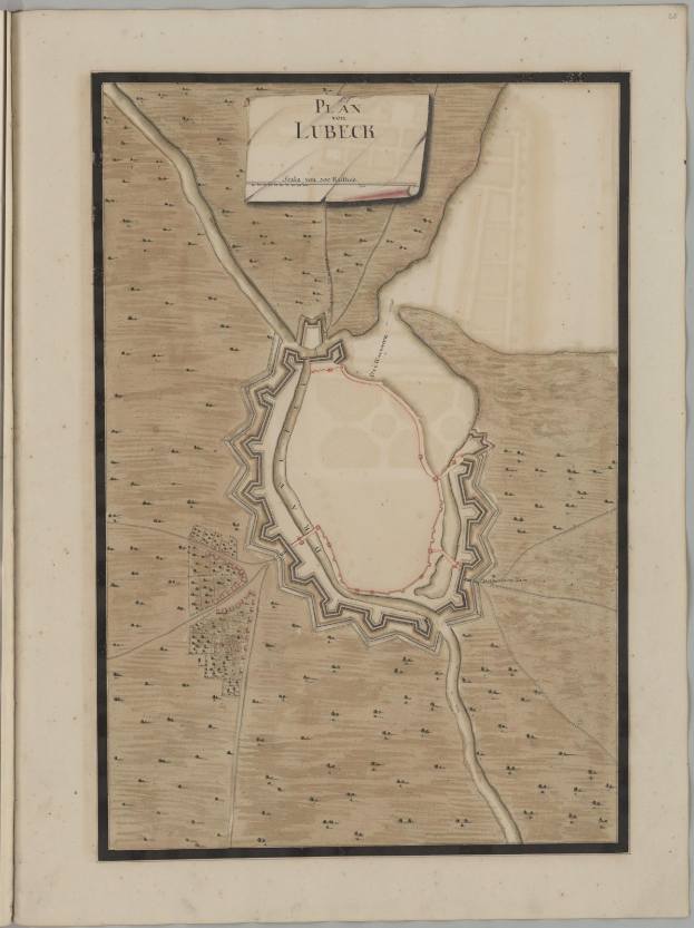 Eine detaillierte Karte der Stadt Lübeck auf dem Cover eines alten Buches, das Straßen, Gebäude und Sehenswürdigkeiten zeigt, sowie begleitenden Text über die Bevölkerung, Geschichte und Kultur der Stadt.