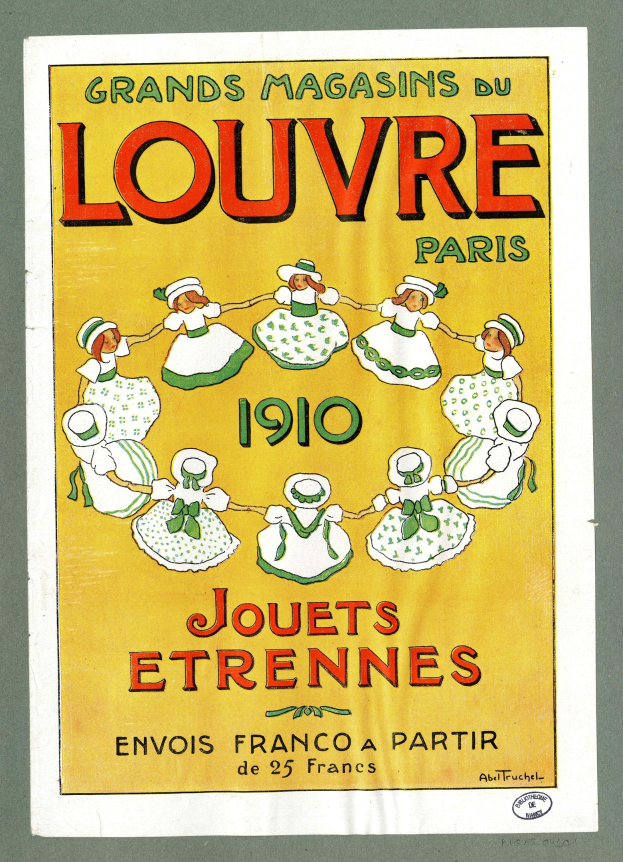 Plakat für das Louvre Paris im Jahr 1910, das eine Gruppe von Menschen beim Tanzen zeigt, mit Text, der das Ereignis beschreibt.