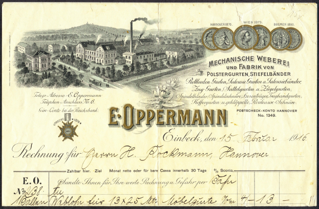 Alte deutsche Banknote mit einer Fabriklustration, mit Text, Zahlen und Bildern von Gebäuden, Bäumen und Rauch.