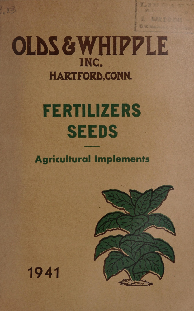 Alter Buchumschlag betitelt "Fertilizers Seeds Agricultural Implements 1941" mit einer Abbildung einer grünen Pflanze mit Blättern und Stielen.