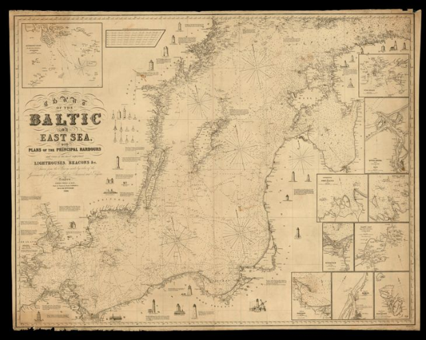 Eine detaillierte Karte der Ostsee auf schwarzem Hintergrund, die Gewässer, Inseln und geografische Merkmale zeigt, mit Textbeschriftungen von Städten, Dörfern und Flüssen.