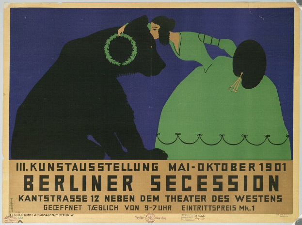 Plakat der Berliner Secession mit einer Frau in grünem Kleid und einem Mann in schwarzem Anzug und Textbeschreibung