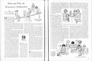 Offenes Buch mit einer Zeichnung von spielenden Kindern in einer Kita, mit Text, Bildern und einer Tabelle mit Gegenständen.