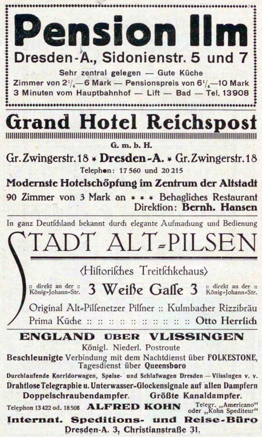 Schwarze und weiße Zeitungsanzeige für die Pensionsinn in Dresden, Deutschland.