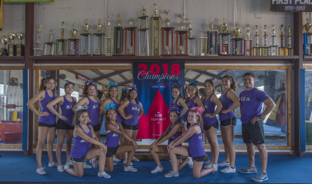 Gruppe von Cheerleadern in lila T-Shirts und schwarzen Shorts, die vor einer Vitrine mit Trophäen posen, im Hintergrund ein Banner "2018 Summit Cheerleading Champions"