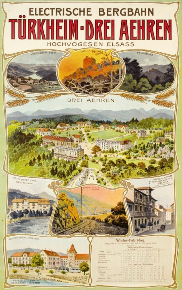 Plakat bewirbt Bergbahn, Deutschland als Elektrostadt mit Bildern von Gebäuden, Bäumen, Hügeln und beschreibendem Text.
