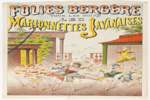 Ein Plakat, das eine Tanzshow in Paris ankündigt, zeigt eine Gruppe von Menschen, die tanzen, mit einem Gebäude, Bäumen und Himmel im Hintergrund und Text auf dem Plakat.