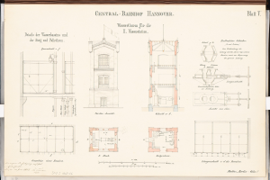 Ein Buchumschlag mit einer detaillierten Zeichnung des Central Bahnhofs Hannover, der seine architektonischen Merkmale wie Fenster und Türen zeigt, mit begleitendem Text über die Gebäudeplanung.