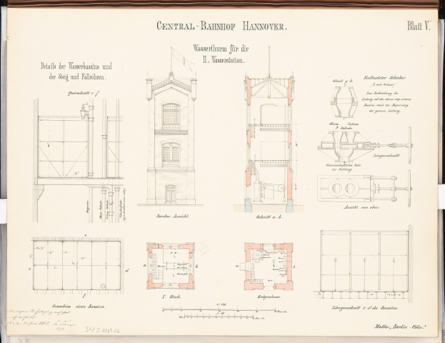 Ein Buchumschlag mit einer detaillierten Zeichnung des Central Bahnhofs Hannover, der seine architektonischen Merkmale wie Fenster und Türen zeigt, mit begleitendem Text über die Gebäudeplanung.