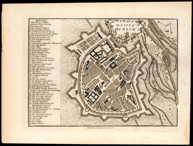 Detailreiche alte Karte von München, Deutschland, auf schwarzem Hintergrund, die Straßen, Gebäude und Sehenswürdigkeiten mit beschrifteten Text zeigt.